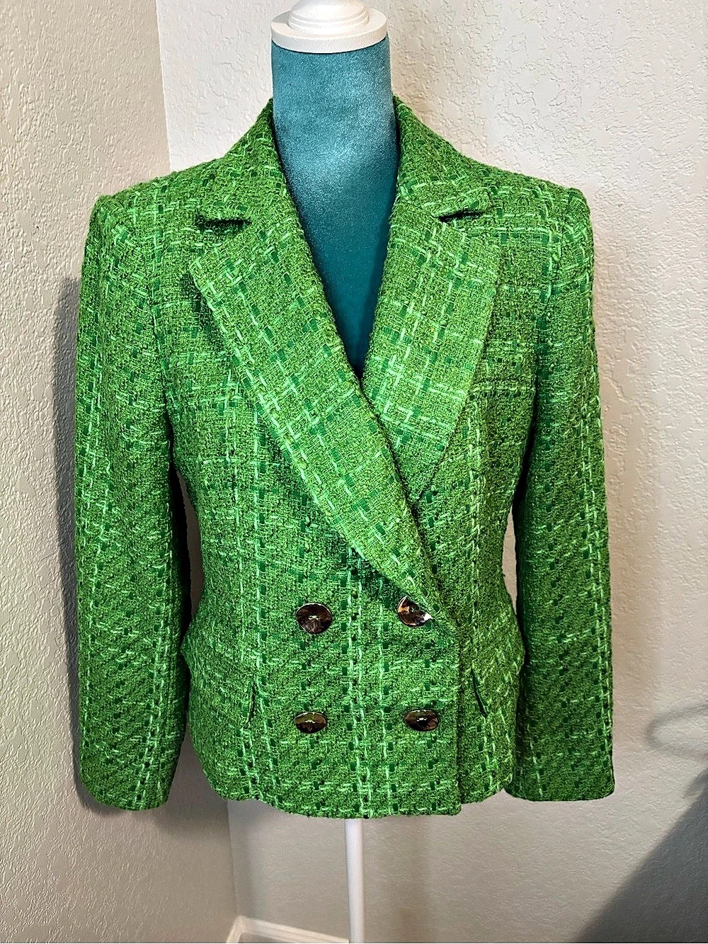 ZARA Apple Green Tweed Double Breasted Blazer L EUC